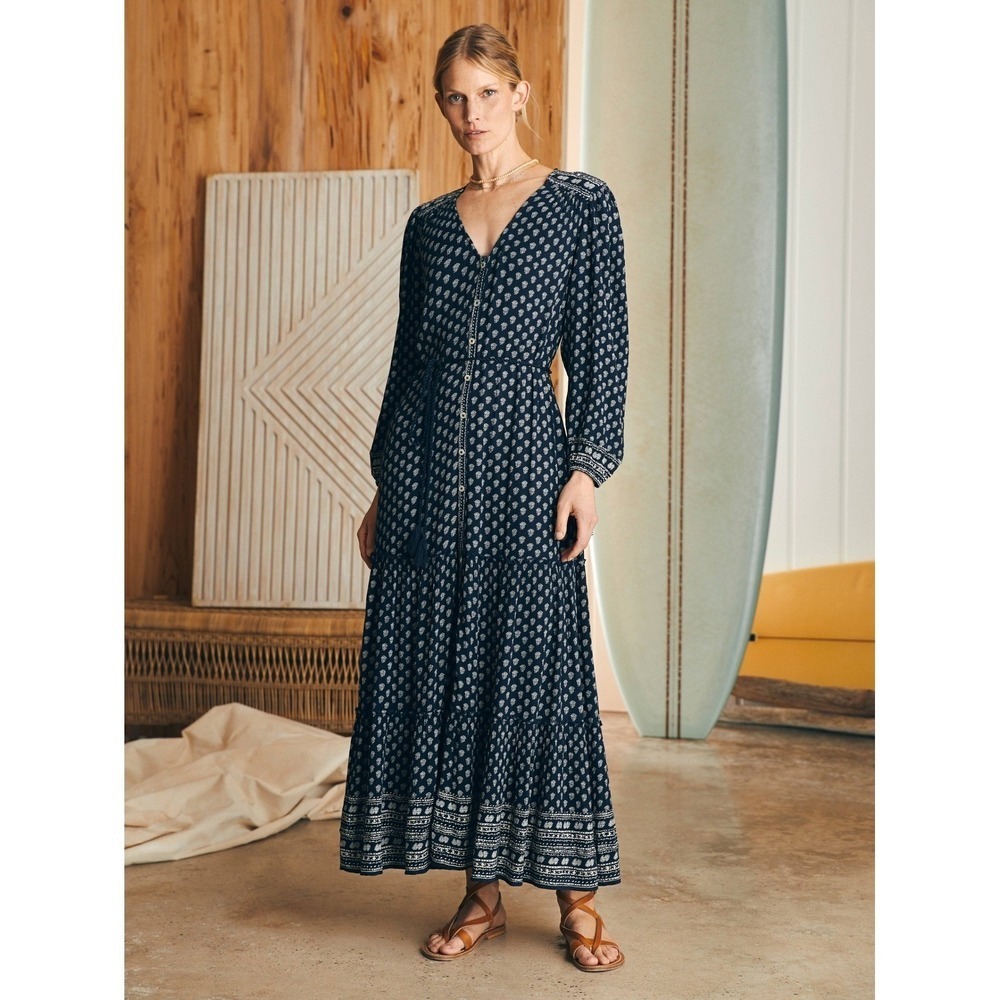 Faherty Women Navy Blue White Block Print Tiered Button Front Maxi Dress Boho